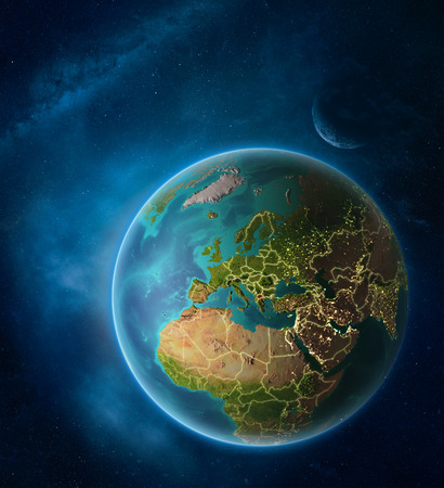 Planet Earth with highlighted Macedonia in space with Moon and Milky Way. Visible city lights and country borders. 3D illustration.の写真素材