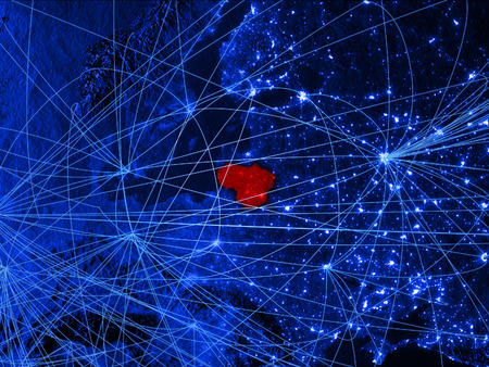 Lithuania on blue digital map with networks. Concept of international travel, communication and technology. 3D illustration.の写真素材