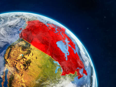 Canada from space on realistic model of planet Earth with country borders and detailed planet surface and clouds. 3D illustration.の写真素材