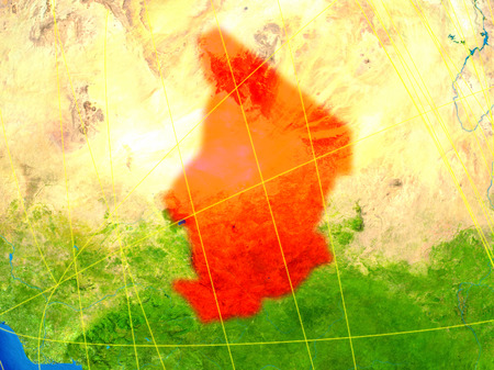 Chad from space on model of planet Earth with networks. Detailed planet surface with city lights. 3D illustration.の写真素材