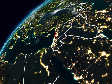 Lebanon on planet Earth at night with visible country borders. 3D illustration.の写真素材