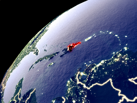 Satellite view of Dominican Republic on Earth with city lights. Extremely detailed plastic planet surface with real mountains. 3D illustration.の写真素材