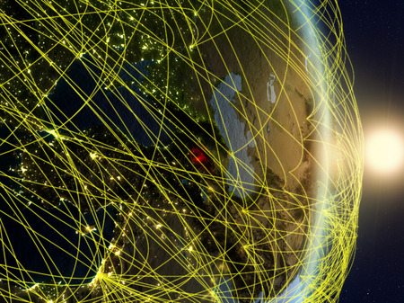 Armenia in sunrise on planet planet Earth with network. Concept of connectivity, travel and communication. 3D illustration.の写真素材