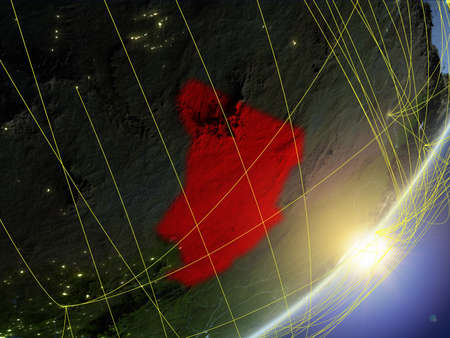 Chad on model of planet Earth with network during sunrise. Concept of new technology, communication and travel. 3D illustration.の写真素材