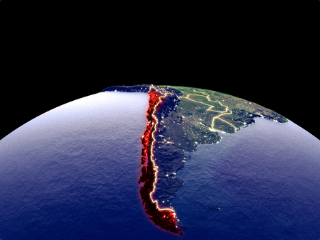 Chile from space on planet Earth at night with bright city lights. Detailed plastic planet surface with real mountains. 3D illustration.の写真素材