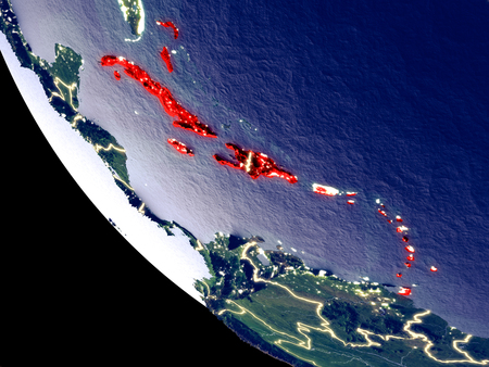 Orbit view of Caribbean at night with bright city lights. Very detailed plastic planet surface. 3D illustration.の写真素材