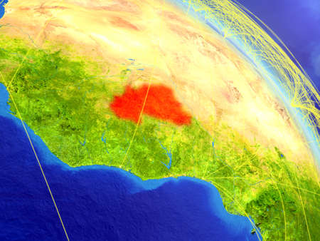Burkina Faso from space on model of planet Earth with network. Concept of digital technology, connectivity and travel. 3D illustration.の写真素材