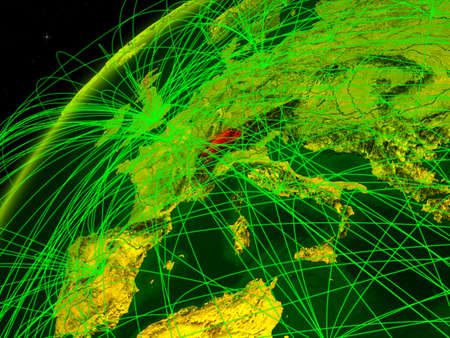 Switzerland on model of green planet Earth with international networks. Concept of digital communication and technology. 3D illustration.の写真素材