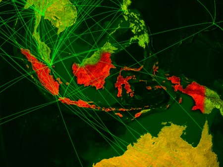Indonesia on digital map with networks. Concept of international travel, communication and technology. 3D illustration.の写真素材