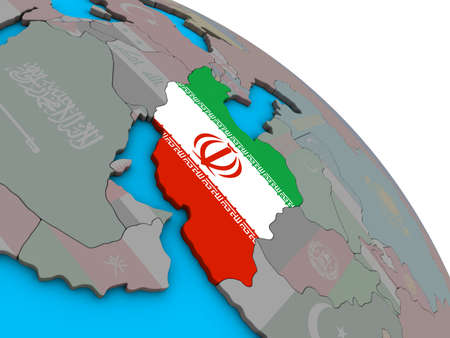 Iran with embedded national flag on simple blue political 3D globe. 3D illustration.の写真素材