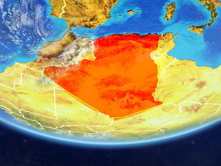 Algeria on realistic model of planet Earth with country borders and very detailed planet surface and clouds. 3D illustration.の写真素材