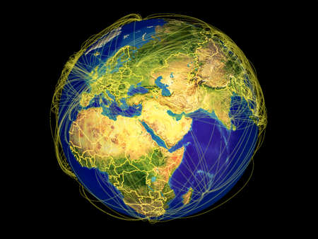 Middle East from space on Earth with country borders and lines representing international communication, travel, connections. 3D illustration.の写真素材