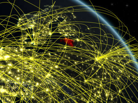Estonia from space on model of planet Earth at night with network. Concept of digital technology, connectivity and travel. 3D illustration.の写真素材