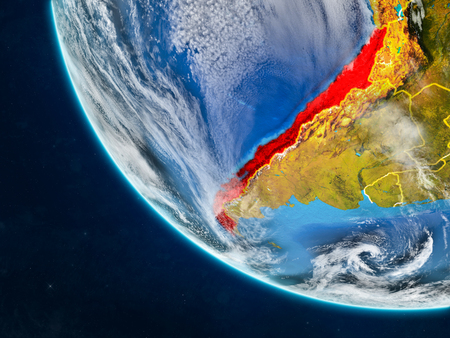 Chile on planet Earth from space with country borders. Very fine detail of planet surface and clouds. 3D illustration.の写真素材