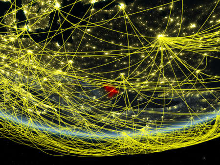 Moldova on model of planet Earth at night with network representing travel and communication. 3D illustration.の写真素材