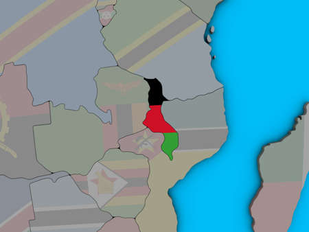 Malawi with embedded national flag on blue political 3D globe. 3D illustration.の写真素材