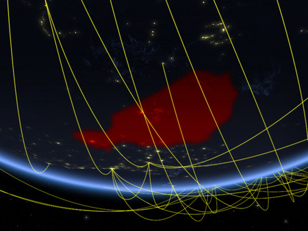 Niger on model of planet Earth at night with network representing travel and communication. 3D illustration.の写真素材