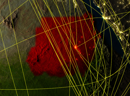 Sudan from space on model of planet Earth with networks. Detailed planet surface with city lights. 3D illustration.の写真素材