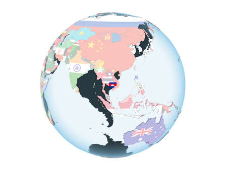 Cambodia on bright political globe with embedded flag. 3D illustration isolated on white background.の写真素材
