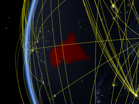 Central Africa from space on model of Earth at night with international network. Concept of digital communication or travel. 3D illustration.の写真素材