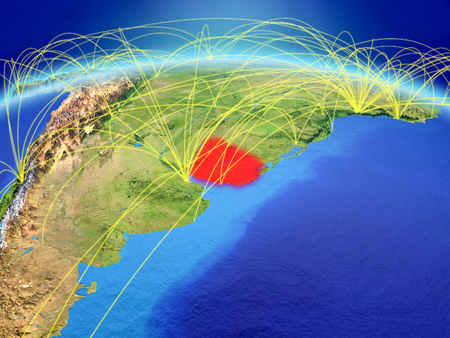 Uruguay on planet Earth with international network representing communication, travel and connections. 3D illustration.の写真素材