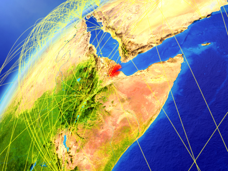 Djibouti on model of planet Earth with international networks. Concept of digital communication and technology. 3D illustration.の写真素材