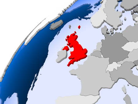 United Kingdom on simple political globe with visible country borders and transparent oceans. 3D illustration.の写真素材