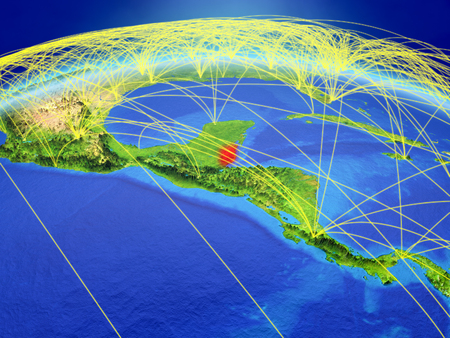 Belize on planet Earth with international network representing communication, travel and connections. 3D illustration.の写真素材
