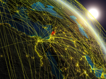 Lebanon from space on realistic model of planet Earth with network. Concept of digital technology, connectivity and travel. 3D illustration.の写真素材