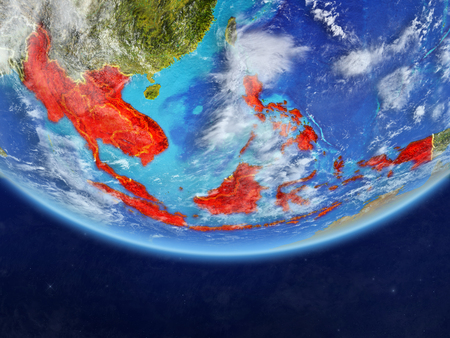South East Asia on realistic model of planet Earth with country borders and very detailed planet surface and clouds. 3D illustration.の写真素材