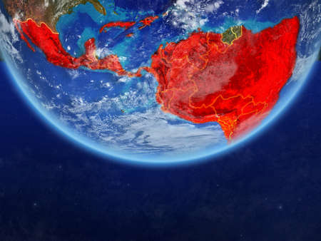 Latin America on realistic model of planet Earth with country borders and very detailed planet surface and clouds. 3D illustration.の写真素材