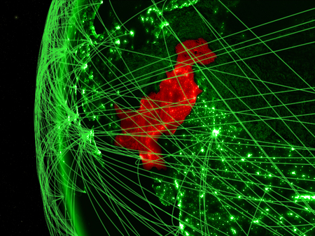 Pakistan from space on green model of Earth with international networks. Concept of green communication or travel. 3D illustration.の写真素材