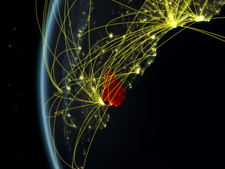 Uruguay from space on model of Earth at night with international network. Concept of digital communication or travel. 3D illustration.の写真素材