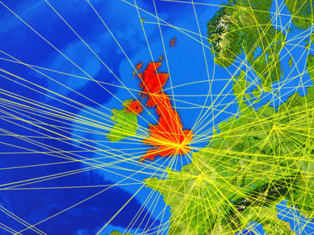 United Kingdom from space on model of planet Earth with networks. Detailed planet surface with city lights. 3D illustration.の写真素材