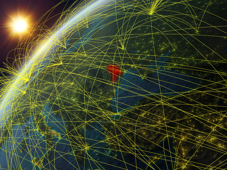 Moldova on model of planet Earth with network and international networks. Concept of digital communication and technology. 3D illustration.の写真素材