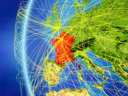 France from space on model of Earth with international network. Concept of digital communication or travel. 3D illustration.の写真素材