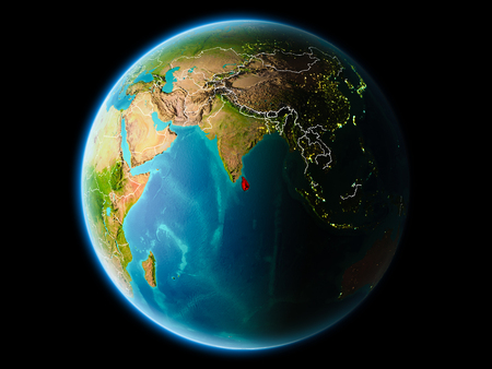 Sri Lanka from orbit of planet Earth at night with highly detailed surface textures with visible border lines and city lights. 3D illustration.の写真素材
