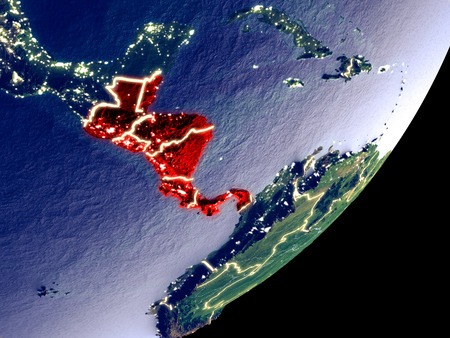 Central America from space on model of Earth at night. Very fine detail of the plastic planet surface and visible bright city lights. 3D illustration.の写真素材