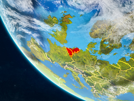 Benelux Union on planet Earth from space with country borders. Very fine detail of planet surface and clouds. 3D illustration.の写真素材