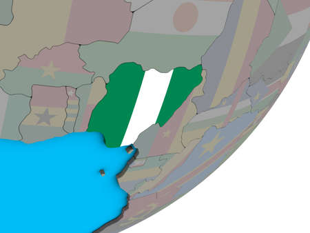 Nigeria with national flag on blue political 3D globe. 3D illustration.の写真素材