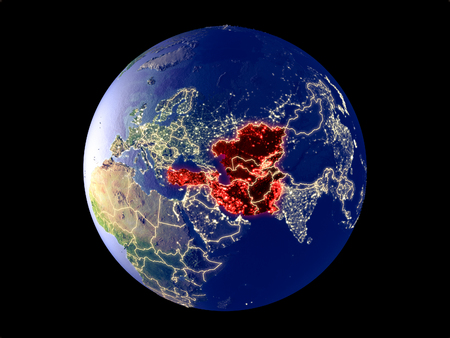 ECO member states from space on model of planet Earth with city lights. Very fine detail of the plastic planet surface and cities. 3D illustration.の写真素材