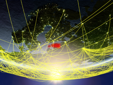 Estonia on model of planet Earth in sunrise with network representing travel and communication. 3D illustration.の写真素材
