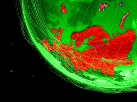 Europe on green Earth with network. Concept of connectivity, internet or telecommunications. May also represent air traffic. 3D illustration.の写真素材
