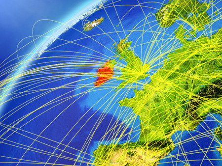 Ireland on model of planet Earth with international networks. Concept of digital communication and technology. 3D illustration.の写真素材