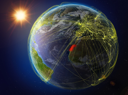 Western Sahara from space. Planet Earth with network representing international communication, technology and travel. 3D illustration.の写真素材
