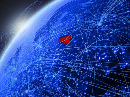 Lithuania on model of green planet Earth with international networks. Concept of blue digital communication and technology. 3D illustration.の写真素材