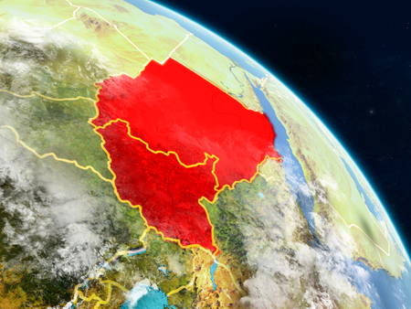 Former Sudan from space on realistic model of planet Earth with country borders and detailed planet surface and clouds. 3D illustration.の写真素材