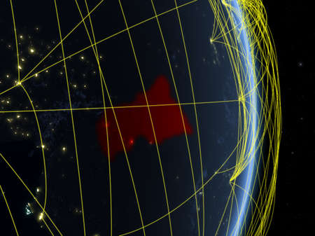 Central Africa at night on planet planet Earth with network. Concept of connectivity, travel and communication. 3D illustration.の写真素材