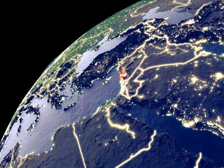 Satellite view of Lebanon on Earth with city lights. Extremely detailed plastic planet surface with real mountains. 3D illustration.の写真素材