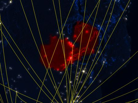 Zambia from space on model of planet Earth at night with networks. Detailed planet surface with city lights. 3D illustration.の写真素材